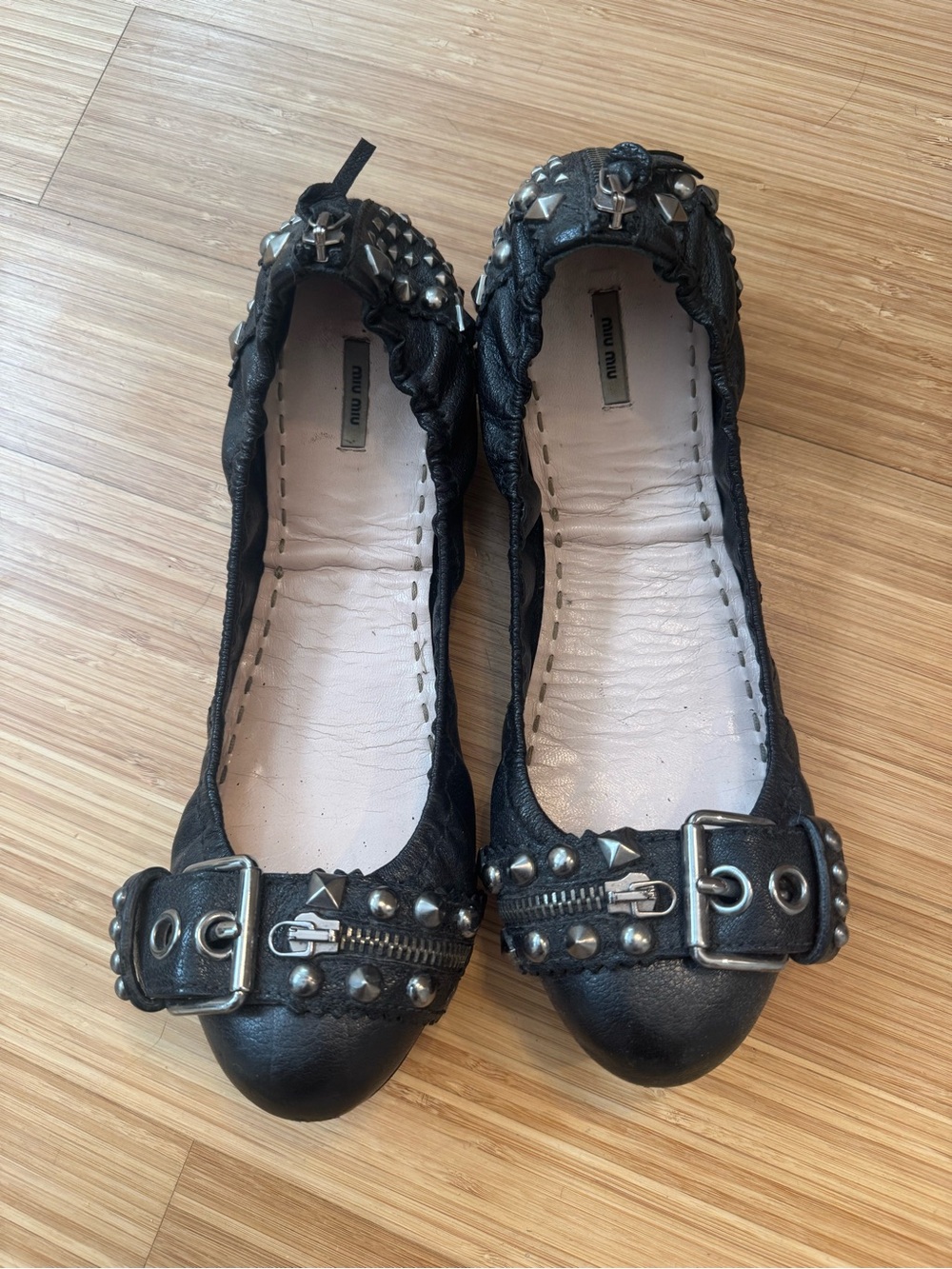 Miu Miu Black Studded Leather Buckle Ballet Flats size 41 US10